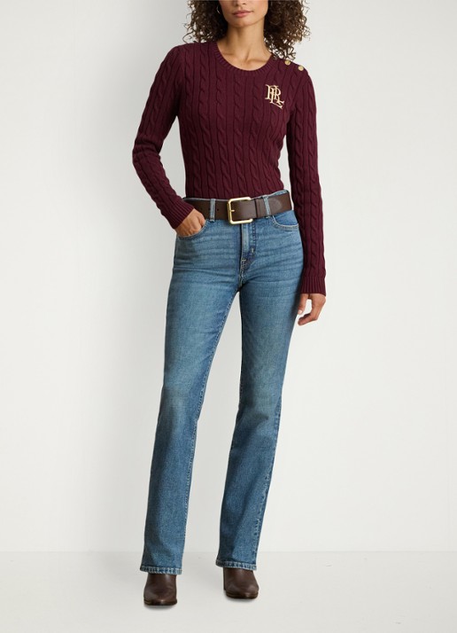 Ralph Lauren Kabelgebreide trui met logoborduring - voorkant 2 dark garnet / bordeauxrood