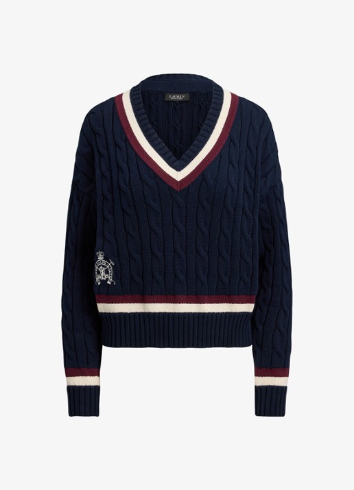 Ralph Lauren Kabelgebreide trui met logoborduring - voorkant 3 donkerblauw