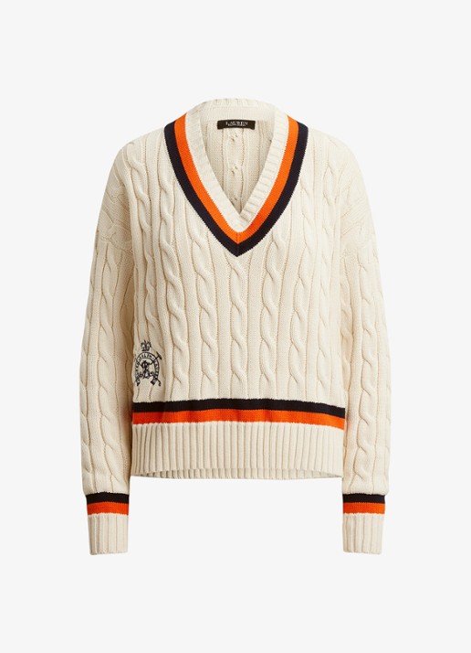 Ralph Lauren Kabelgebreide trui met logoborduring - voorkant creme