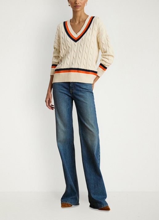 Ralph Lauren Kabelgebreide trui met logoborduring - voorkant 2 creme