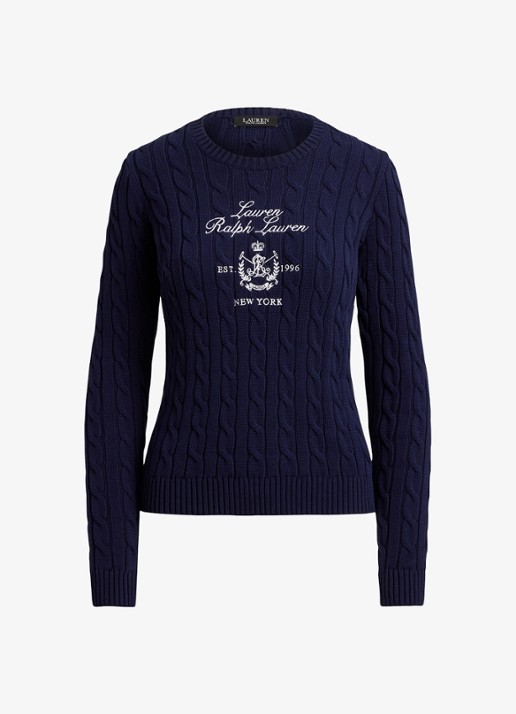 Ralph Lauren Kabelgebreide trui met logoborduring - voorkant 2 donkerblauw