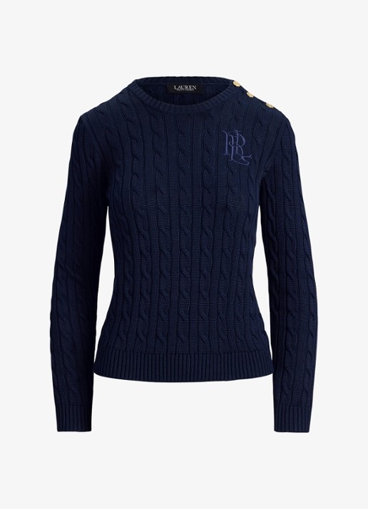 Ralph Lauren Kabelgebreide trui met logoborduring - voorkant 4 lauren navy / blauw