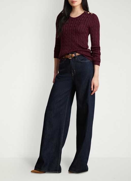 Ralph Lauren Kabelgebreide trui met logoborduring - detail dark garnet / bordeauxrood