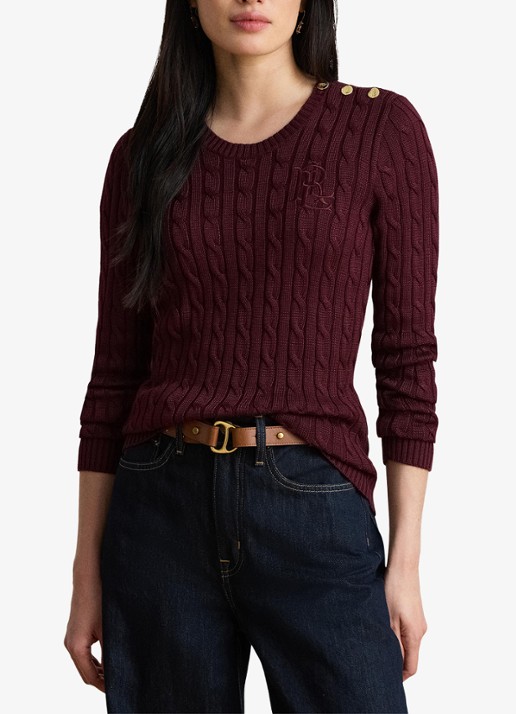 Ralph Lauren Kabelgebreide trui met logoborduring - voorkant 5 dark garnet / bordeauxrood