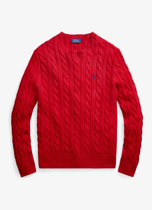 Ralph Lauren Kabelgebreide trui met logoborduring - voorkant 7 park avenue red-2zpd