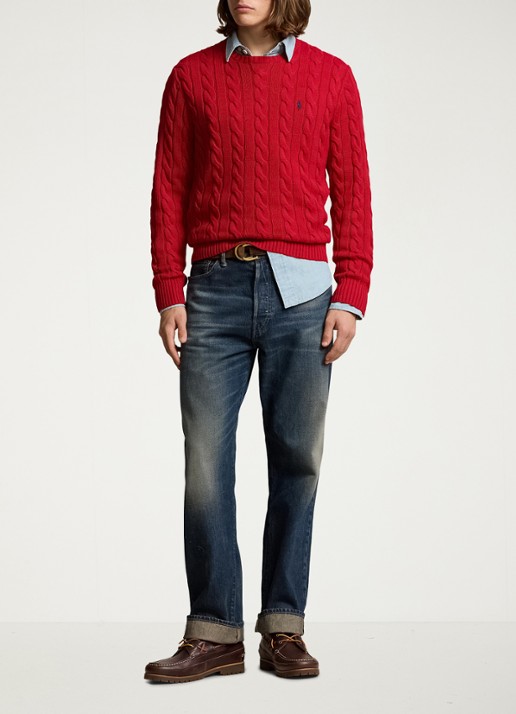 Ralph Lauren Kabelgebreide trui met logoborduring - voorkant 8 park avenue red-2zpd