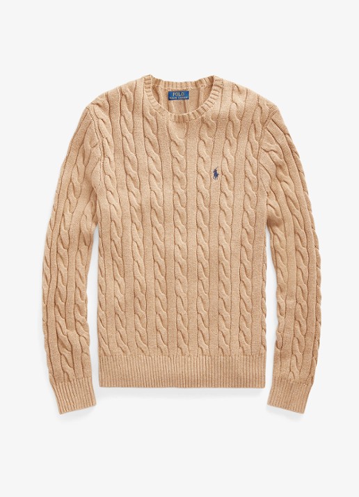 Ralph Lauren Kabelgebreide trui met logoborduring - voorkant 7 camel melange-2x88