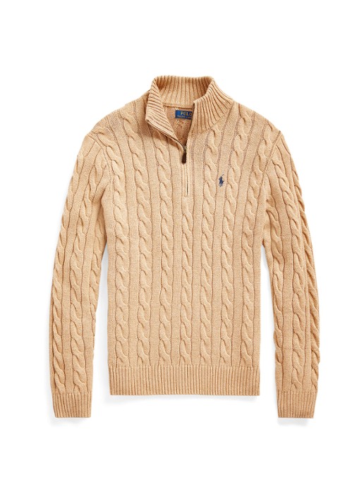 Ralph Lauren Kabelgebreide trui met logoborduring - voorkant 3 camel melange / camel
