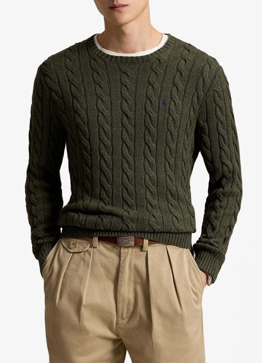 Ralph Lauren Kabelgebreide trui met logoborduring - voorkant 4 olive shrub heather-zxqg