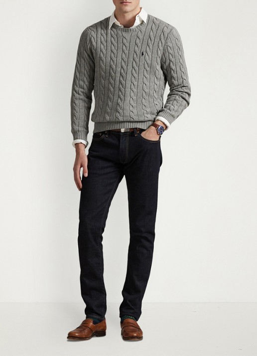 Ralph Lauren Kabelgebreide trui met logoborduring - voorkant 2 fawn grey heather / grijs