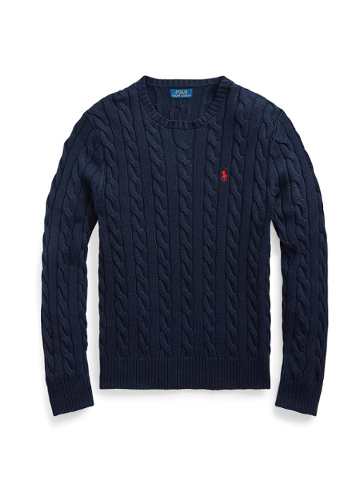 Ralph Lauren Kabelgebreide trui met logoborduring - voorkant 3 hunter navy / blauw