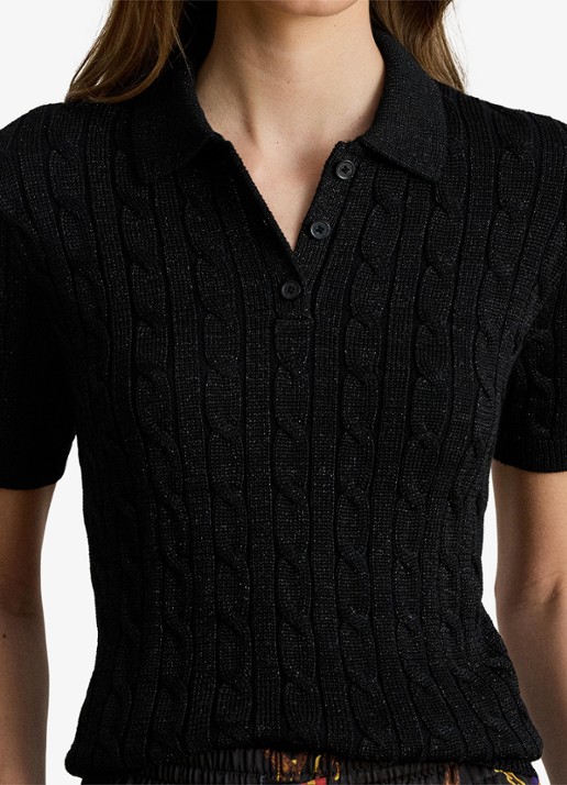 Ralph Lauren Kabelgebreide trui met polokraag  - detail 2 black metallic / zwart