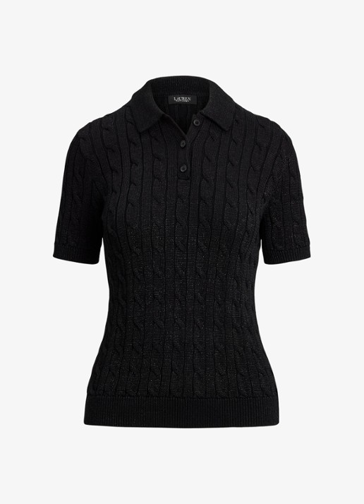 Ralph Lauren Kabelgebreide trui met polokraag  - voorkant 3 black metallic / zwart