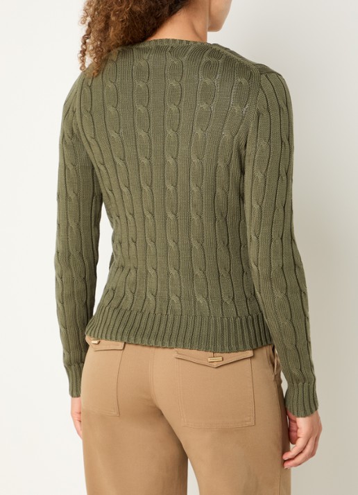 Ralph Lauren Kabelgebreide trui met V-hals en logoborduring - achterkant legergroen