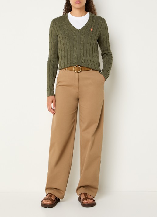 Ralph Lauren Kabelgebreide trui met V-hals en logoborduring - voorkant 4 legergroen