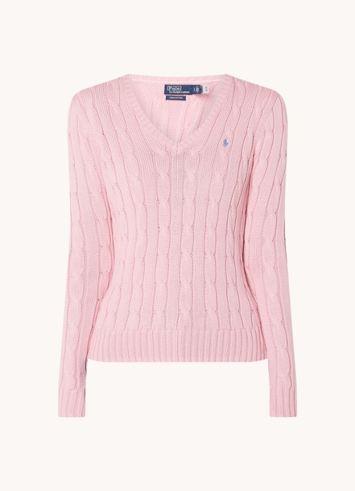 Ralph Lauren Kabelgebreide trui met V-hals - voorkant 2 roze