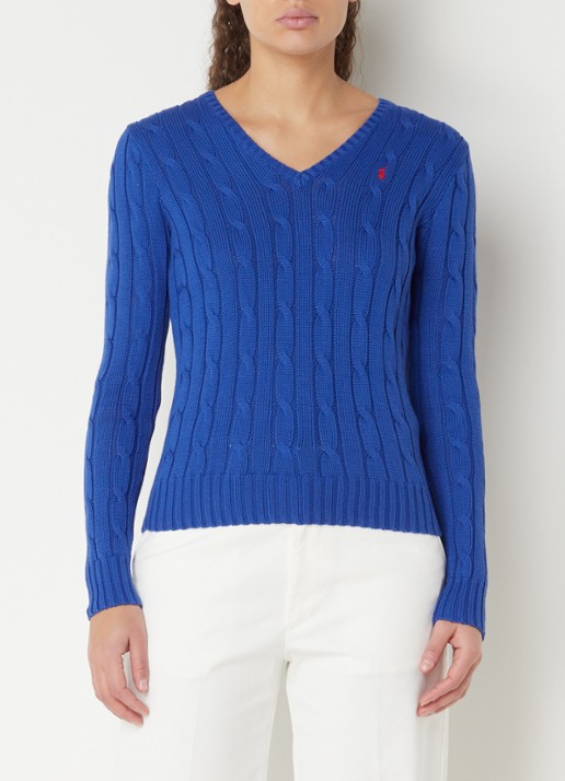 Ralph Lauren Kabelgebreide trui met V-hals - detail 4 kobaltblauw