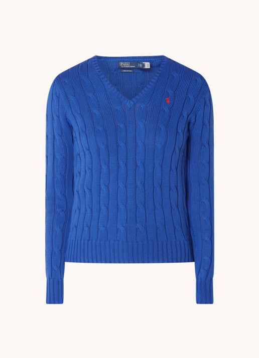 Ralph Lauren Kabelgebreide trui met V-hals - voorkant kobaltblauw