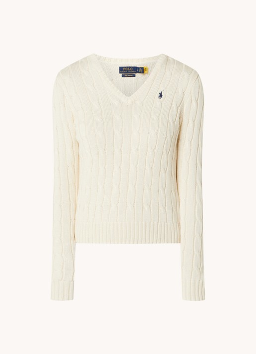 Ralph Lauren Kabelgebreide trui met V-hals - voorkant 3 gebroken wit
