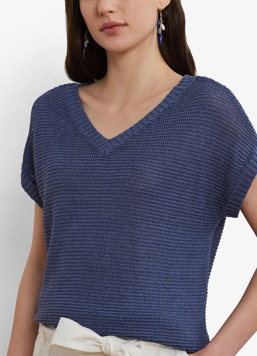 Ralph Lauren Kabelgebreide trui met V-hals - detail 5 blauw