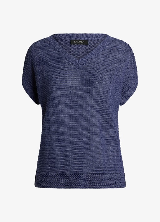 Ralph Lauren Kabelgebreide trui met V-hals - voorkant blauw