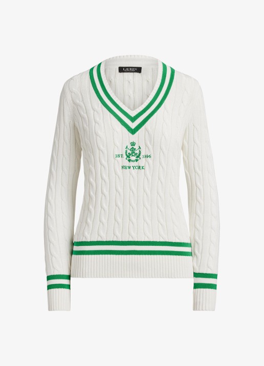 Ralph Lauren Kabelgebreide trui met V-hals - voorkant 2 wit