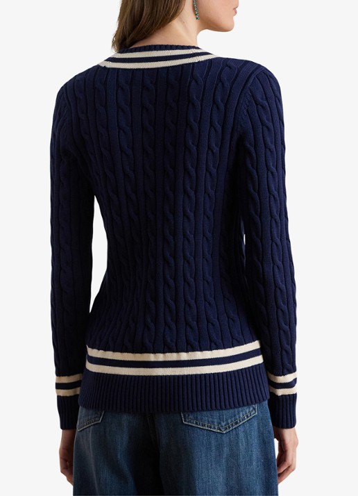 Ralph Lauren Kabelgebreide trui met V-hals - achterkant 3 donkerblauw