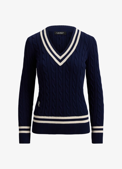 Ralph Lauren Kabelgebreide trui met V-hals - voorkant donkerblauw