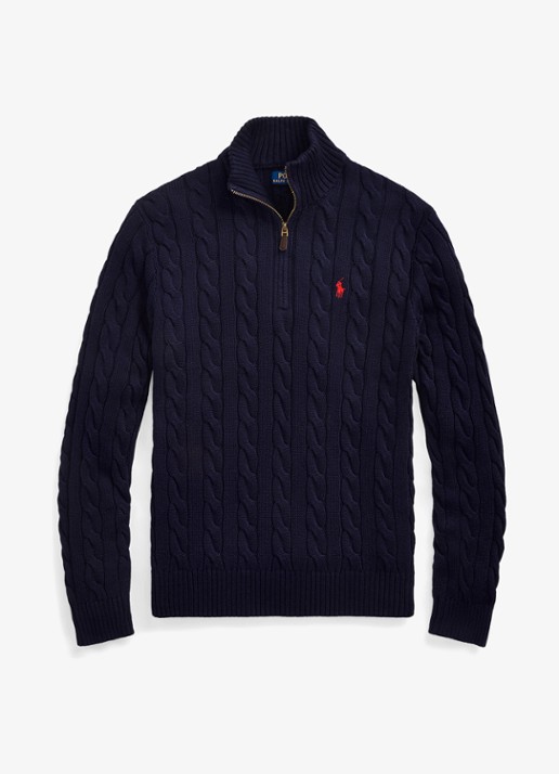 Ralph Lauren Katoenen kabeltrui met kwartrits - voorkant 7 donkerblauw