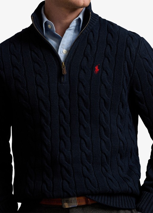 Ralph Lauren Katoenen kabeltrui met kwartrits - detail 4 donkerblauw