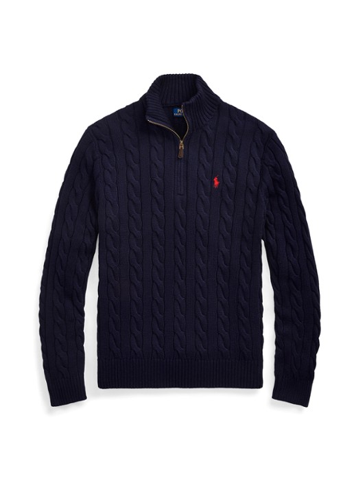Ralph Lauren Katoenen kabeltrui met kwartrits - voorkant 9 donkerblauw