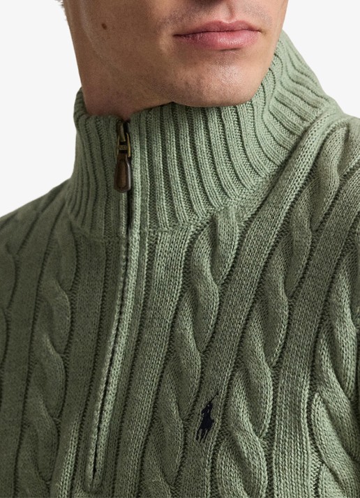 Ralph Lauren Katoenen kabeltrui met kwartrits - detail 2 fern green heather / groen