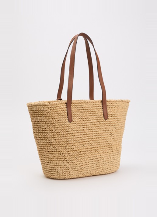 Ralph Lauren Lainey shopper van stro met leren details - achterkant beige