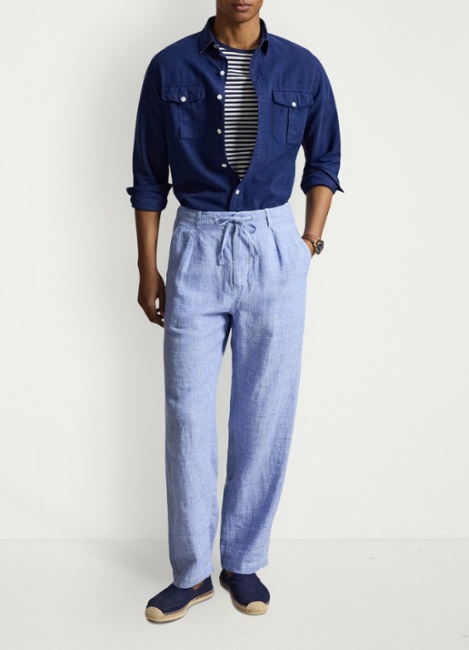 Ralph Lauren Lateef relaxed fit broek van linnen met trekkoord - voorkant 3 7273 blue white / blauw