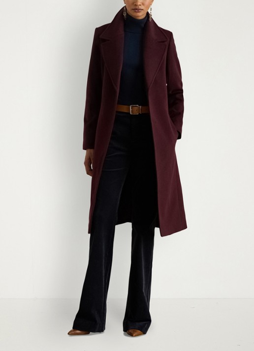 Ralph Lauren Mantel in kasjmierblend met schoudervulling en ceintuur - voorkant 5 pinot noir / bordeauxrood