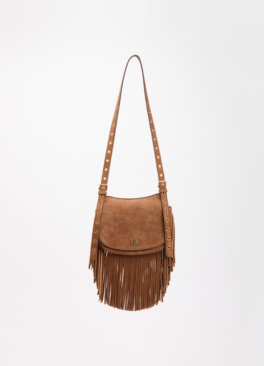 Ralph Lauren Marcy Medium crossbodytas van suède - voorkant lichtbruin