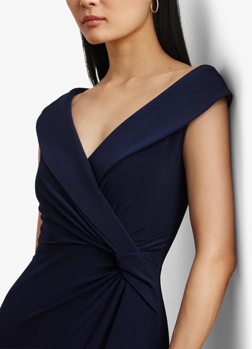 Ralph Lauren Maxi avondjurk met sjaalkraag en geknoopt detail - detail 3 lighthouse navy / donkerblauw