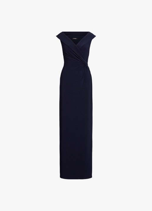 Ralph Lauren Maxi avondjurk met sjaalkraag en geknoopt detail - voorkant 4 lighthouse navy / donkerblauw