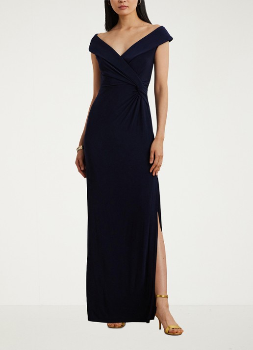Ralph Lauren Maxi avondjurk met sjaalkraag en geknoopt detail - voorkant 5 lighthouse navy / donkerblauw