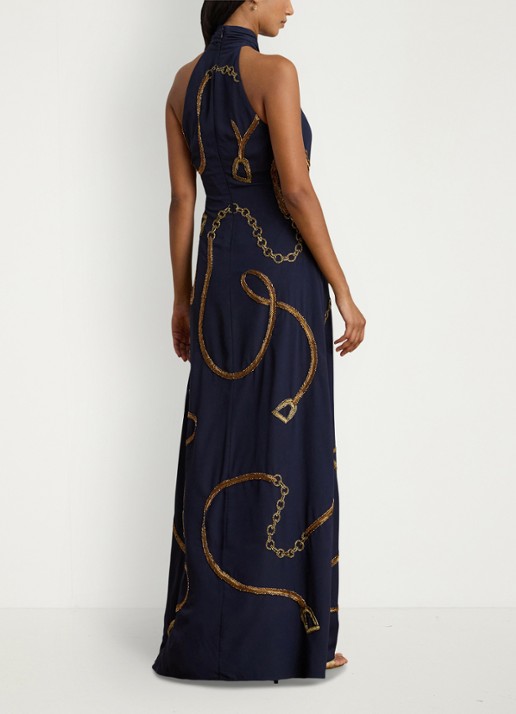 Ralph Lauren Maxi halterjurk met kralendecoratie - achterkant donkerblauw