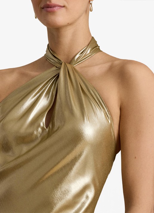Ralph Lauren Maxi halterjurk met metallic finish - detail 2 tan/light gold foil / goud