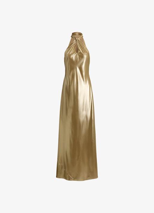 Ralph Lauren Maxi halterjurk met metallic finish - voorkant 4 tan/light gold foil / goud