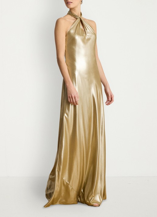 Ralph Lauren Maxi halterjurk met metallic finish - voorkant 5 tan/light gold foil / goud