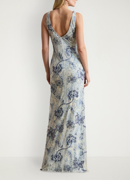 Ralph Lauren Maxi jurk met bloemenprint en kralendecoratie - achterkant blue multi / blauw