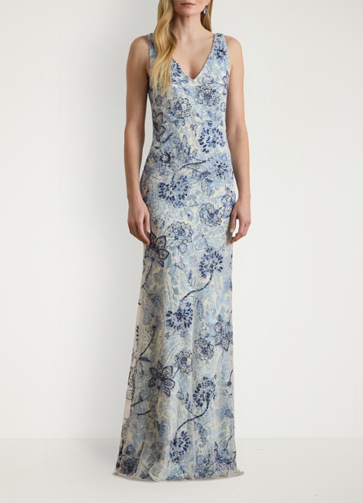 Ralph Lauren Maxi jurk met bloemenprint en kralendecoratie - voorkant 3 blue multi / blauw