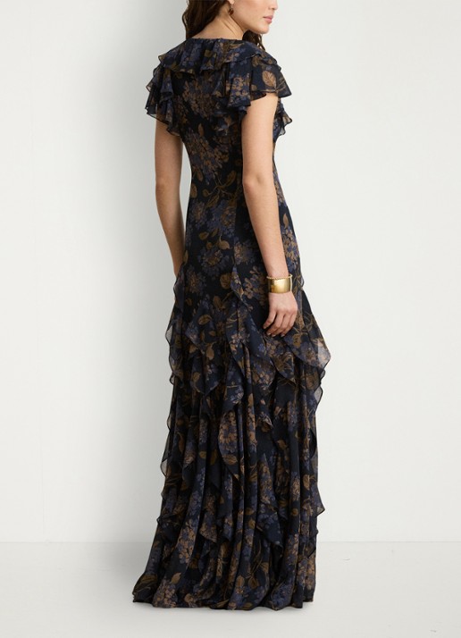 Ralph Lauren Maxi jurk met bloemenprint en ruches - achterkant navy multi / blauw