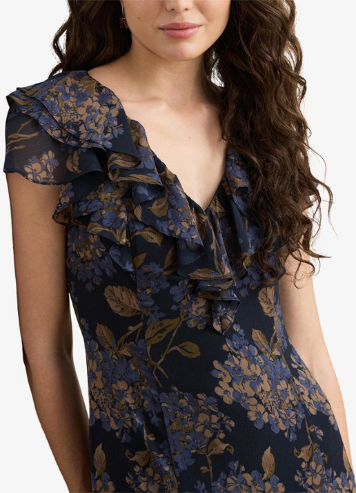 Ralph Lauren Maxi jurk met bloemenprint en ruches - detail 3 navy multi / blauw