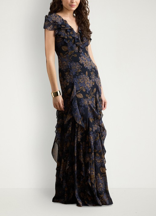 Ralph Lauren Maxi jurk met bloemenprint en ruches - voorkant 5 navy multi / blauw