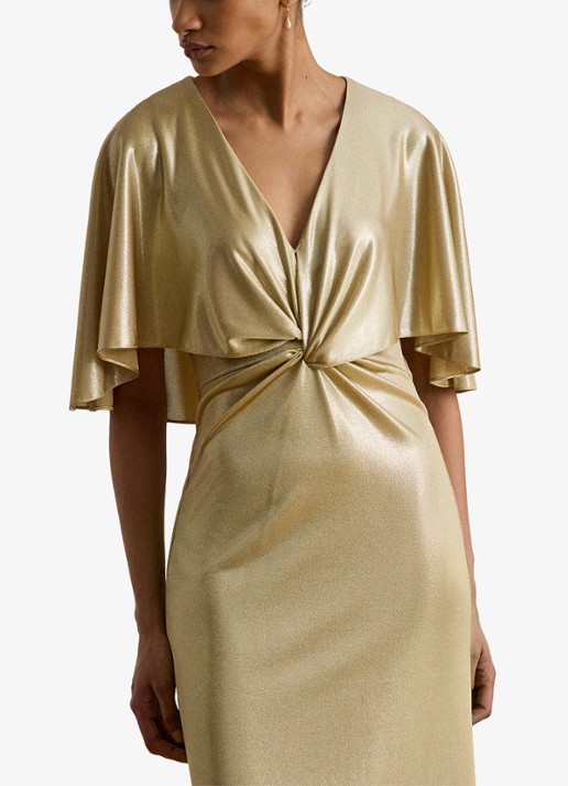 Ralph Lauren Maxi jurk met metallic finish en geknoopt detail - detail 5 birch tan/gold foil / beige
