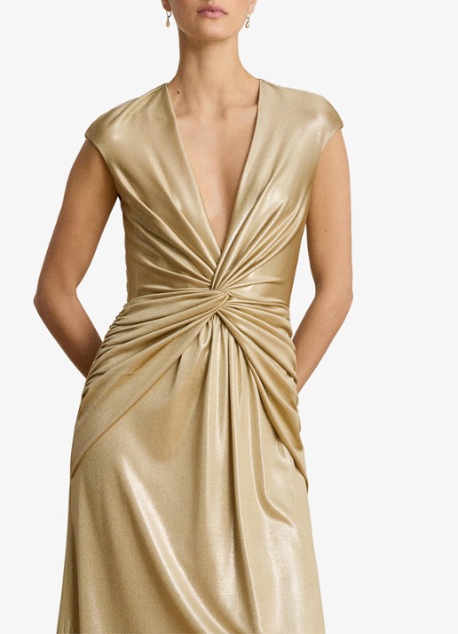 Ralph Lauren Maxi jurk met metallic finish en geknoopt detail - detail 3 birch tan/gold foil / goud